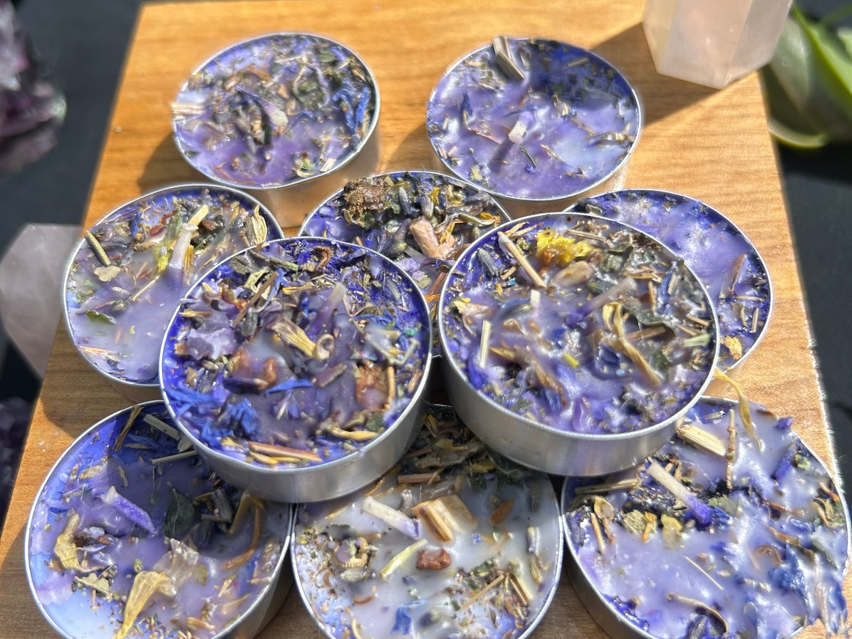 Handmade Intention Tealight Candles with Herbs, Crystals, Flowers & Anointing Oil – Ritual Healing & Manifestation Magic
