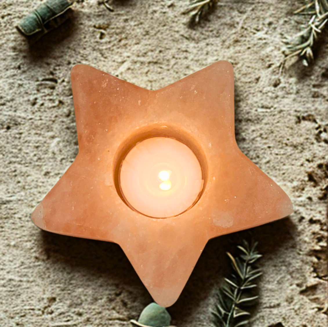 Himalayan Salt Orange Star Candle Holder - Hand Carved Energy Booster & Air Purifier