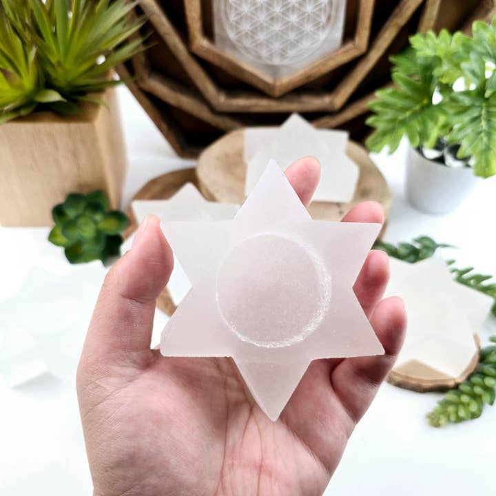 Selenite Crystal Six-Pointed Star Tealight Candle Holder – Natural Healing Stone for Energy Clearing, Meditation & Sacred Decor