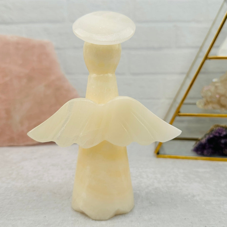 Hand-Carved Mexican Onyx Crystal Angel – 6.25" Spiritual Decor Figurine with Light Banded Calcite for Purity & Protection