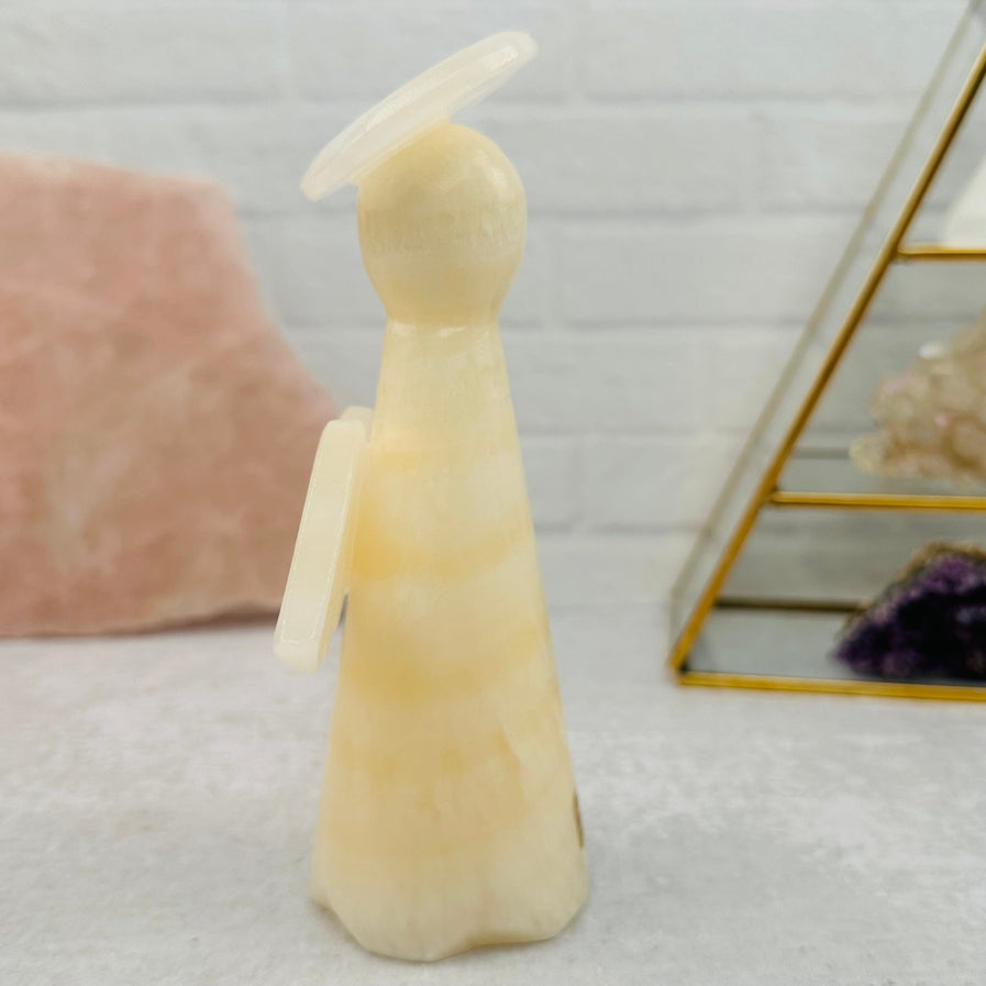 Hand-Carved Mexican Onyx Crystal Angel – 6.25" Spiritual Decor Figurine with Light Banded Calcite for Purity & Protection