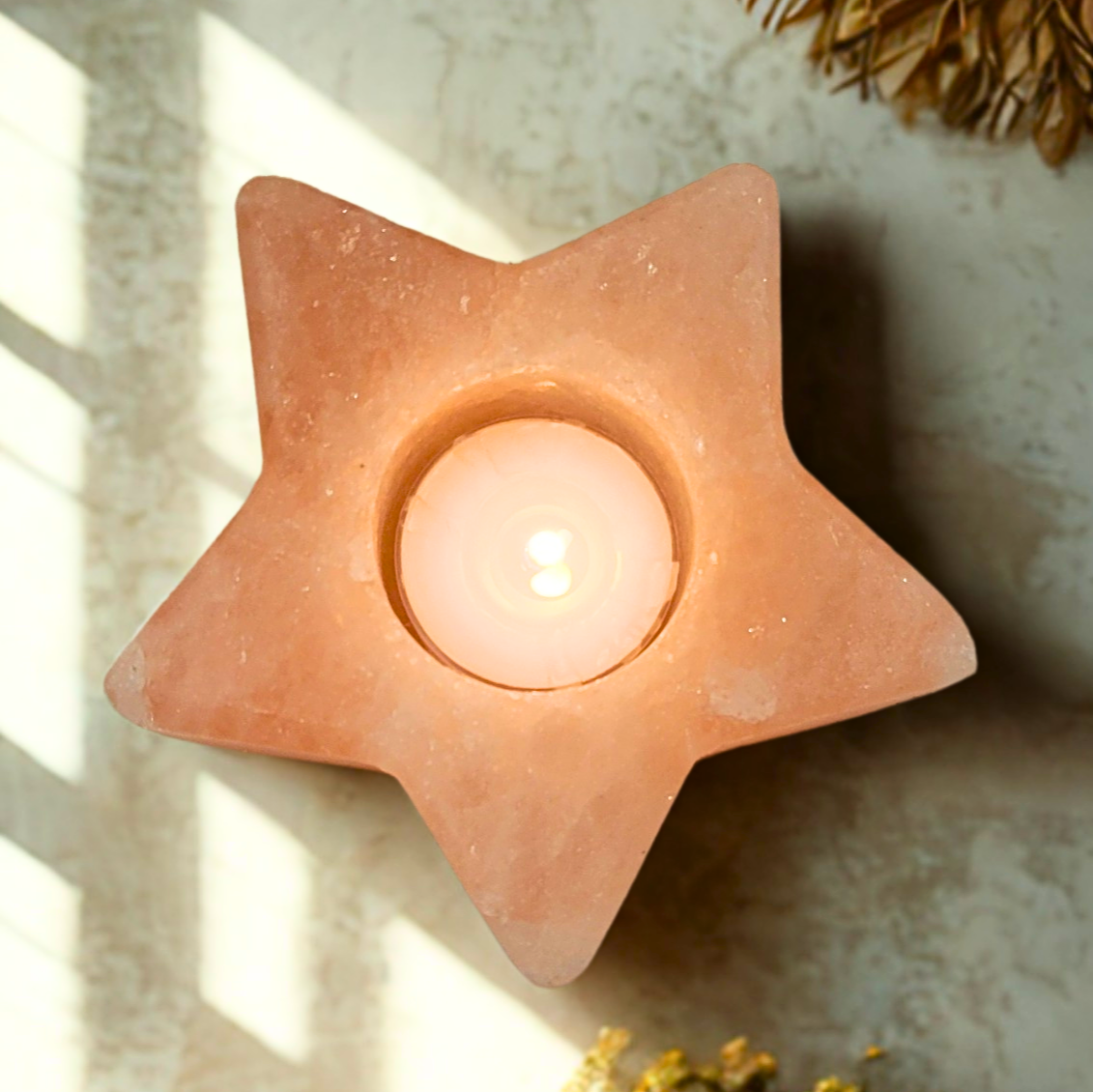 Himalayan Salt Orange Star Candle Holder - Hand Carved Energy Booster & Air Purifier