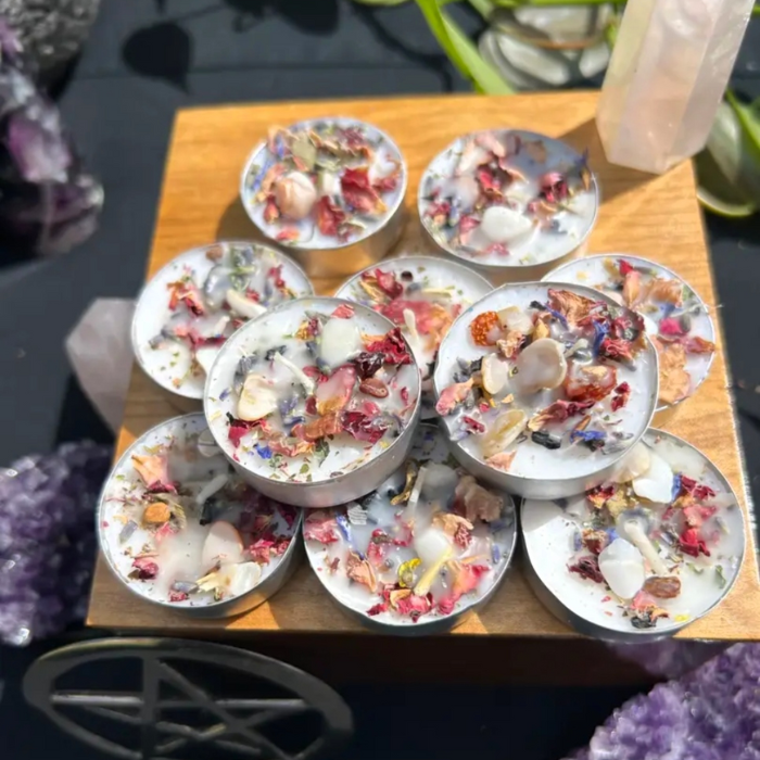 Handmade Intention Tealight Candles with Herbs, Crystals, Flowers & Anointing Oil – Ritual Healing & Manifestation Magic