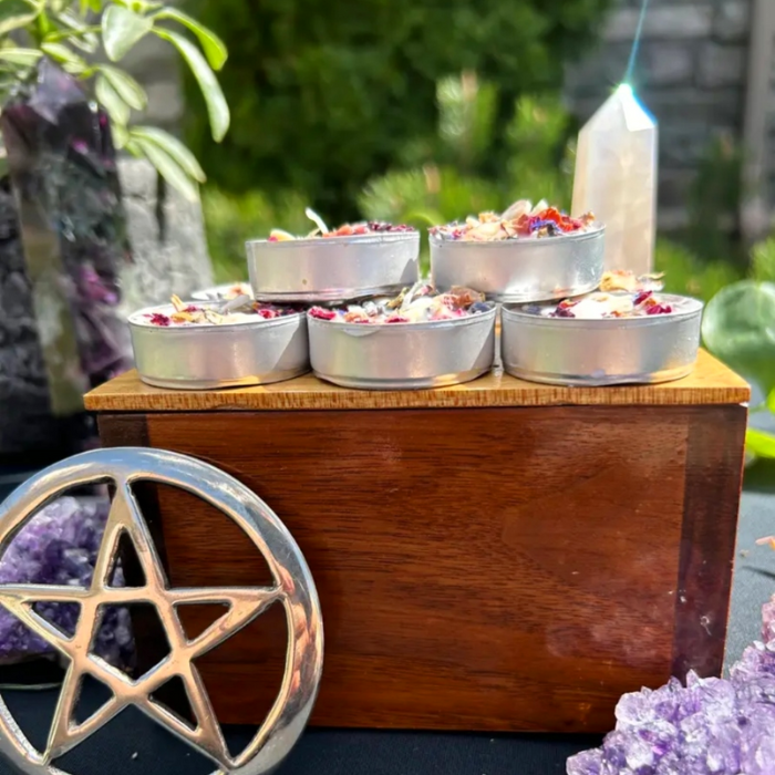 Handmade Intention Tealight Candles with Herbs, Crystals, Flowers & Anointing Oil – Ritual Healing & Manifestation Magic
