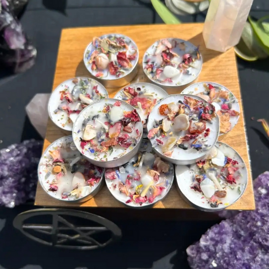 Handmade Intention Tealight Candles with Herbs, Crystals, Flowers & Anointing Oil – Ritual Healing & Manifestation Magic