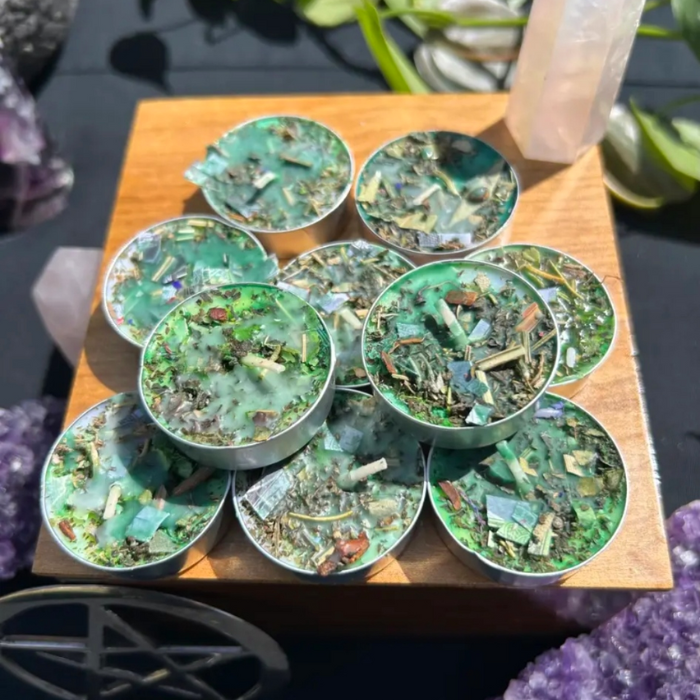 Handmade Intention Tealight Candles with Herbs, Crystals, Flowers & Anointing Oil – Ritual Healing & Manifestation Magic