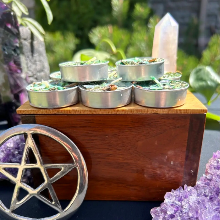 Handmade Intention Tealight Candles with Herbs, Crystals, Flowers & Anointing Oil – Ritual Healing & Manifestation Magic