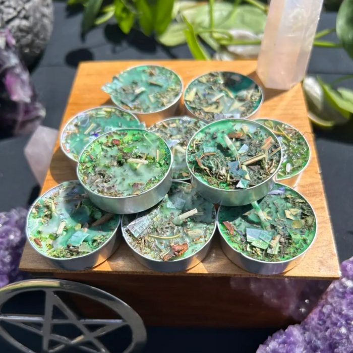 Handmade Intention Tealight Candles with Herbs, Crystals, Flowers & Anointing Oil – Ritual Healing & Manifestation Magic