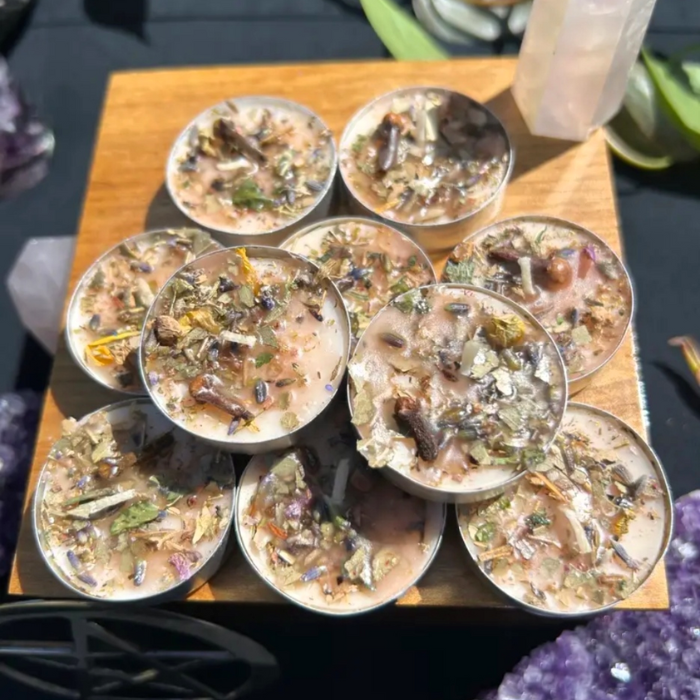 Handmade Intention Tealight Candles with Herbs, Crystals, Flowers & Anointing Oil – Ritual Healing & Manifestation Magic