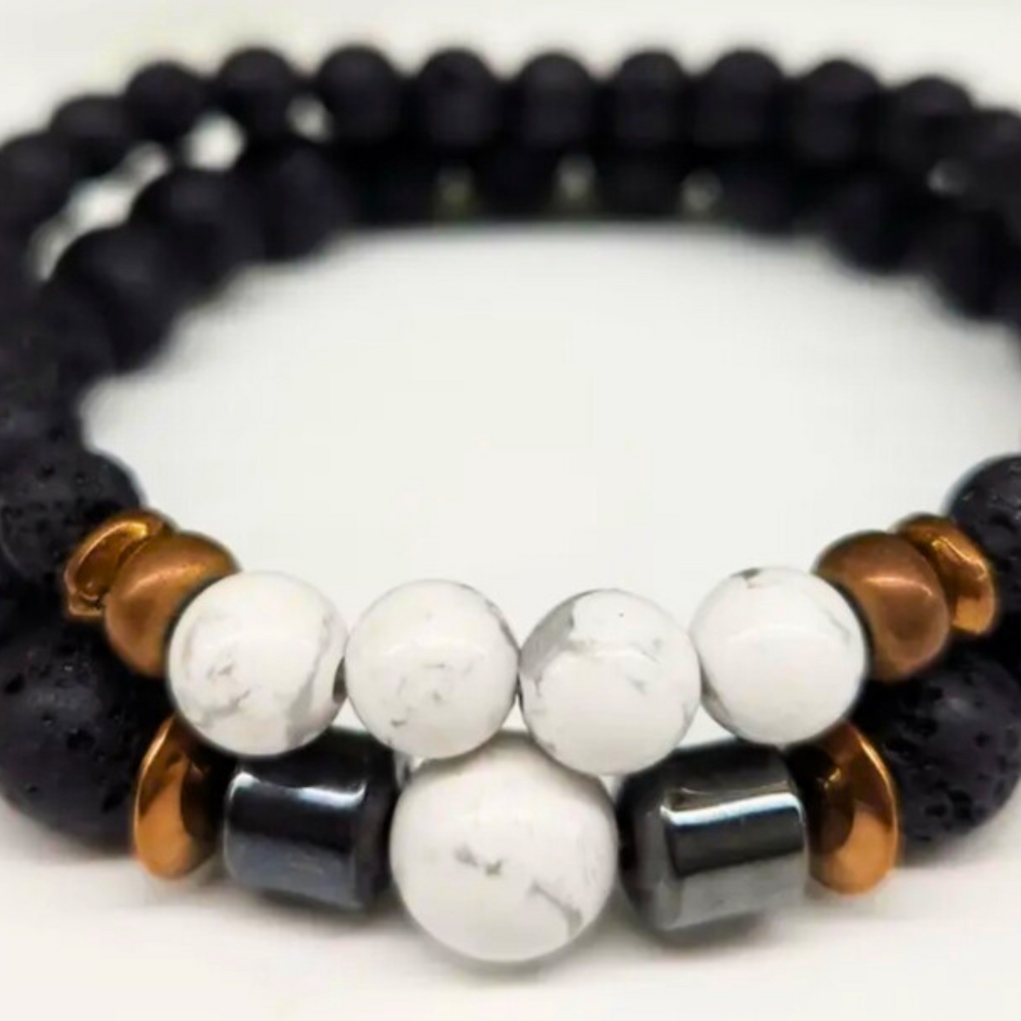 White Howlite & Black Lava Stone Bracelet Set - 6mm & 8mm Gemstone Beads, Aromatherapy Diffuser