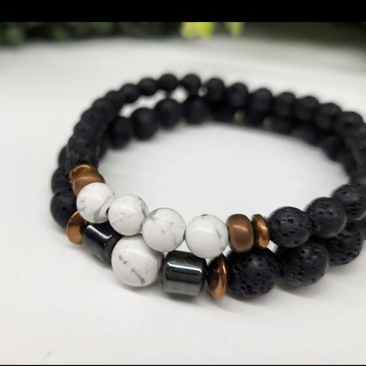 White Howlite & Black Lava Stone Bracelet Set - 6mm & 8mm Gemstone Beads, Aromatherapy Diffuser