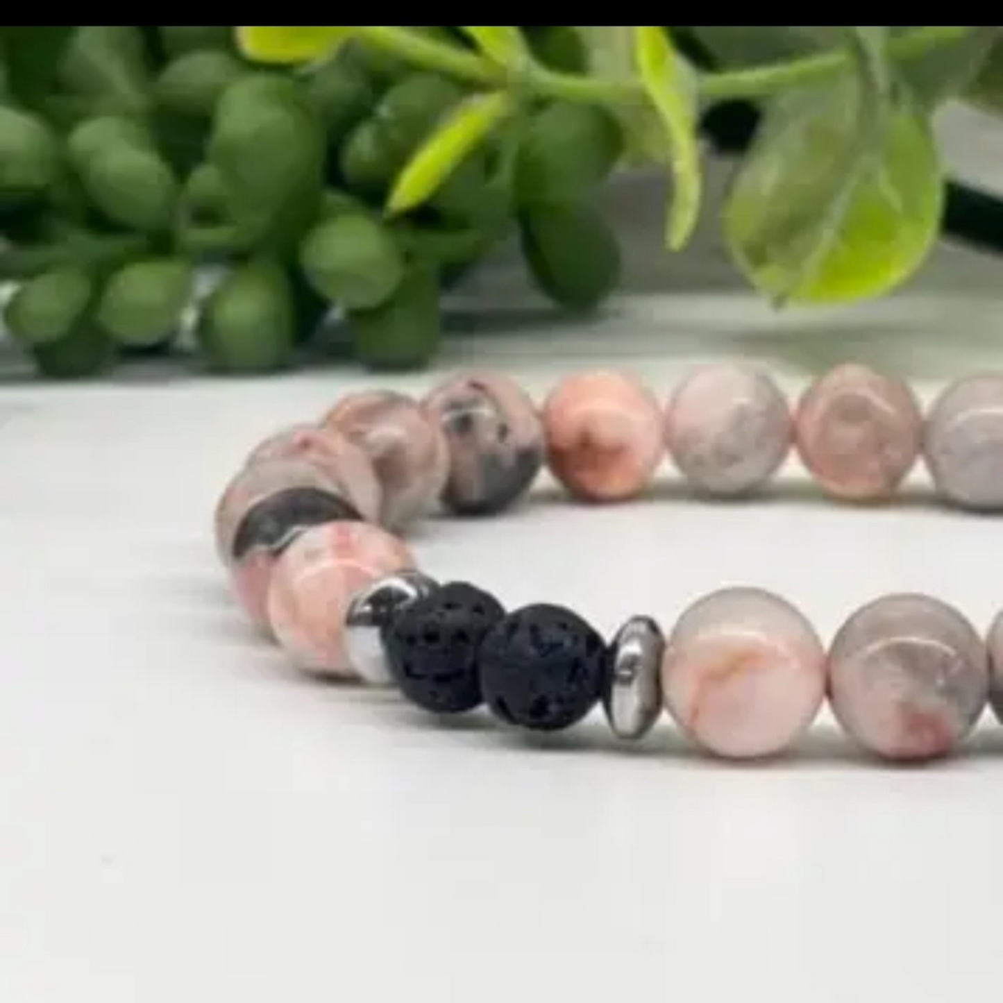 Pink Zebra Jasper & Black Lava Stone Bracelet - 8mm Natural Gemstone Beads, Aromatherapy Diffuser