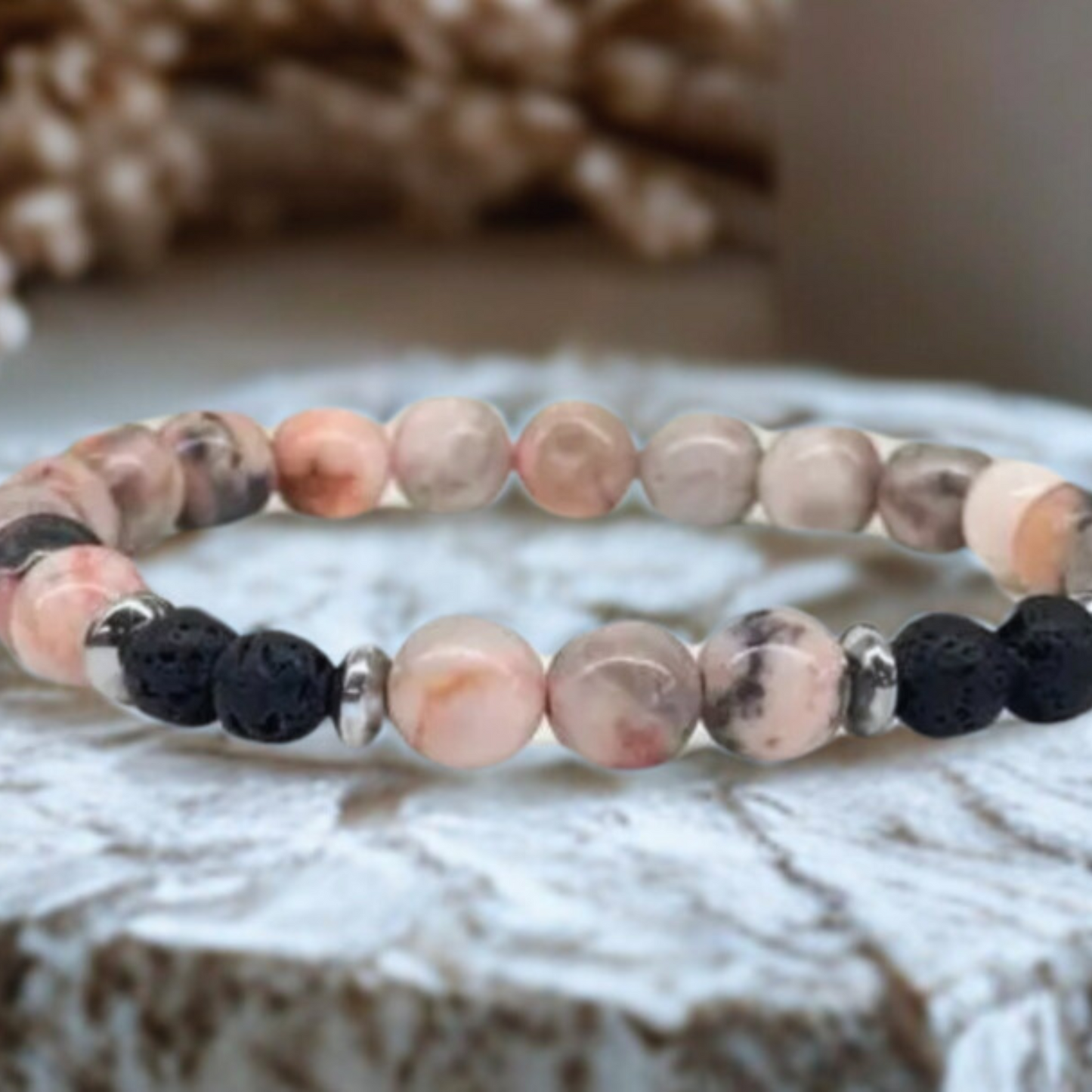 Pink Zebra Jasper & Black Lava Stone Bracelet - 8mm Natural Gemstone Beads, Aromatherapy Diffuser