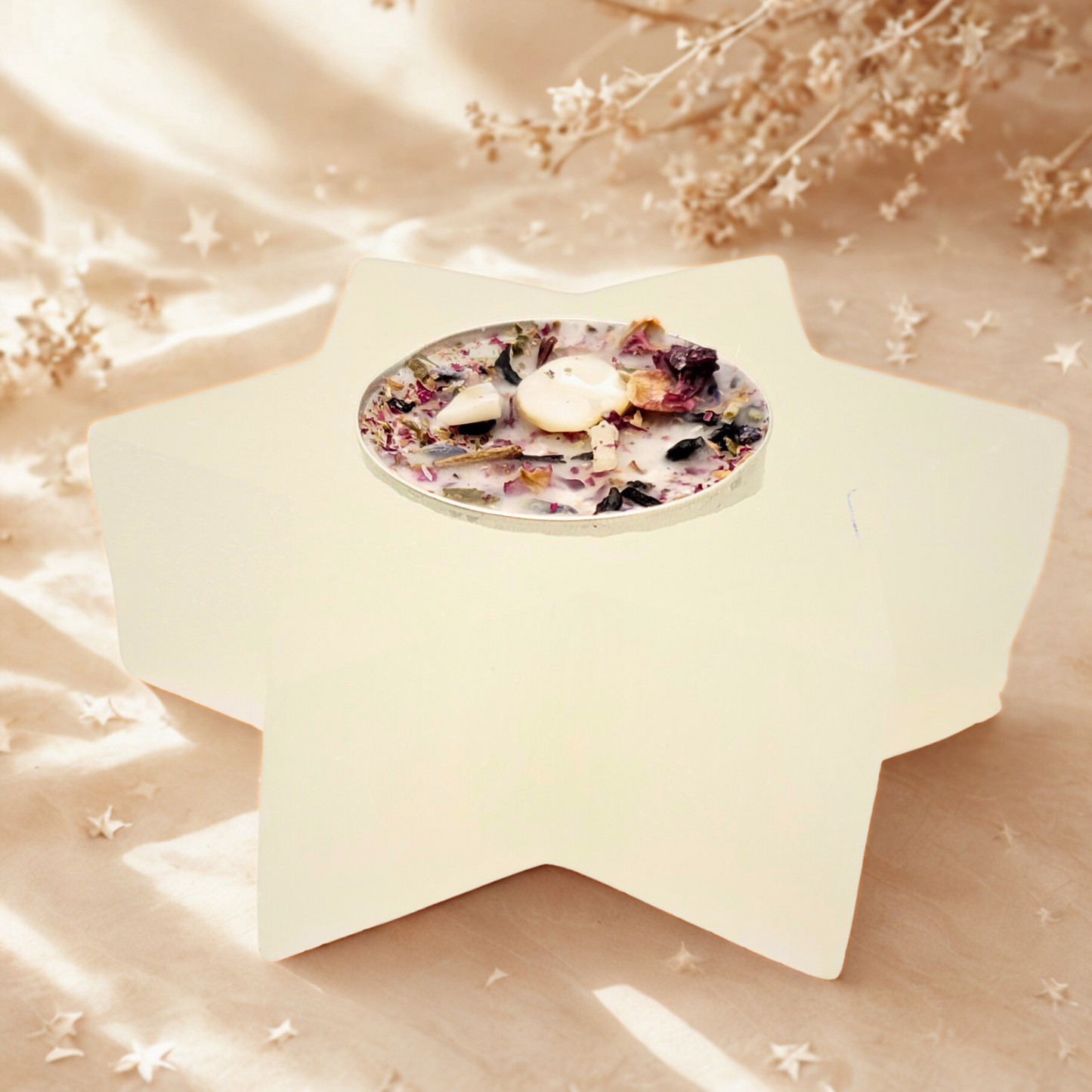 Selenite Crystal Six-Pointed Star Tealight Candle Holder – Natural Healing Stone for Energy Clearing, Meditation & Sacred Decor