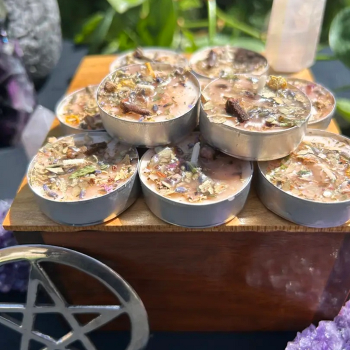 Handmade Intention Tealight Candles with Herbs, Crystals, Flowers & Anointing Oil – Ritual Healing & Manifestation Magic