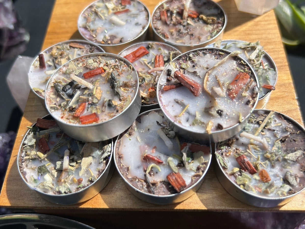 Handmade Intention Tealight Candles with Herbs, Crystals, Flowers & Anointing Oil – Ritual Healing & Manifestation Magic