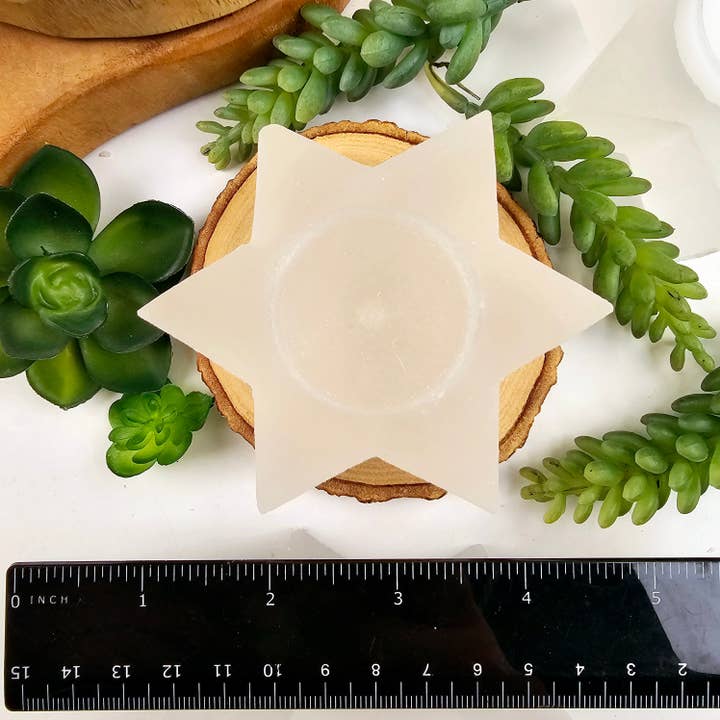 Selenite Crystal Six-Pointed Star Tealight Candle Holder – Natural Healing Stone for Energy Clearing, Meditation & Sacred Decor