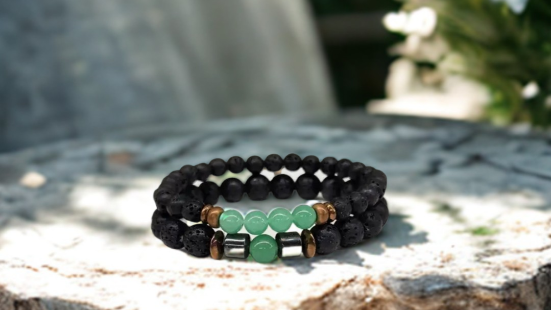 Green Aventurine & Black Lava Stone Bracelet Set - 6mm & 8mm Gemstone Beads, Aromatherapy Diffuser