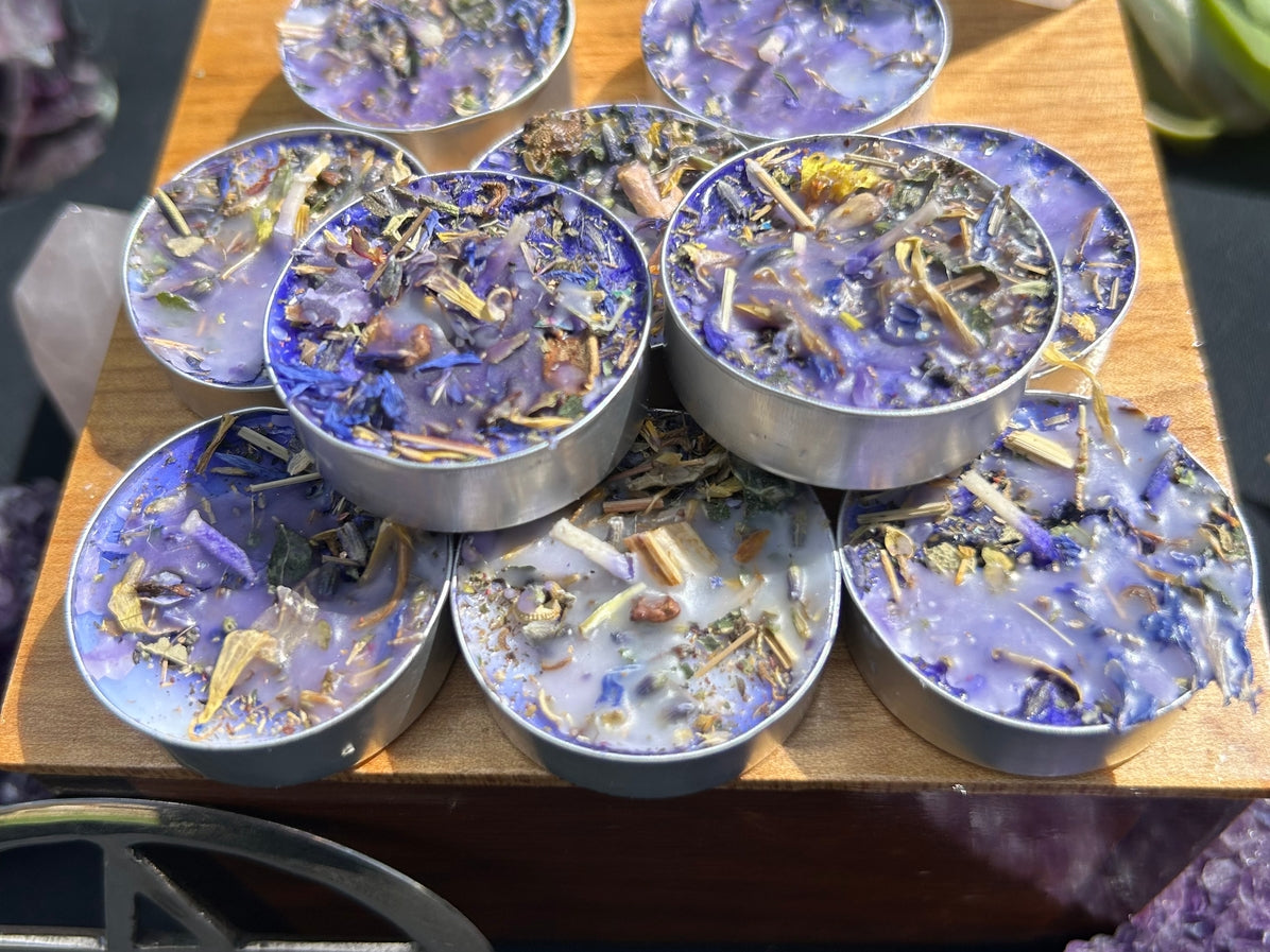Handmade Intention Tealight Candles with Herbs, Crystals, Flowers & Anointing Oil – Ritual Healing & Manifestation Magic