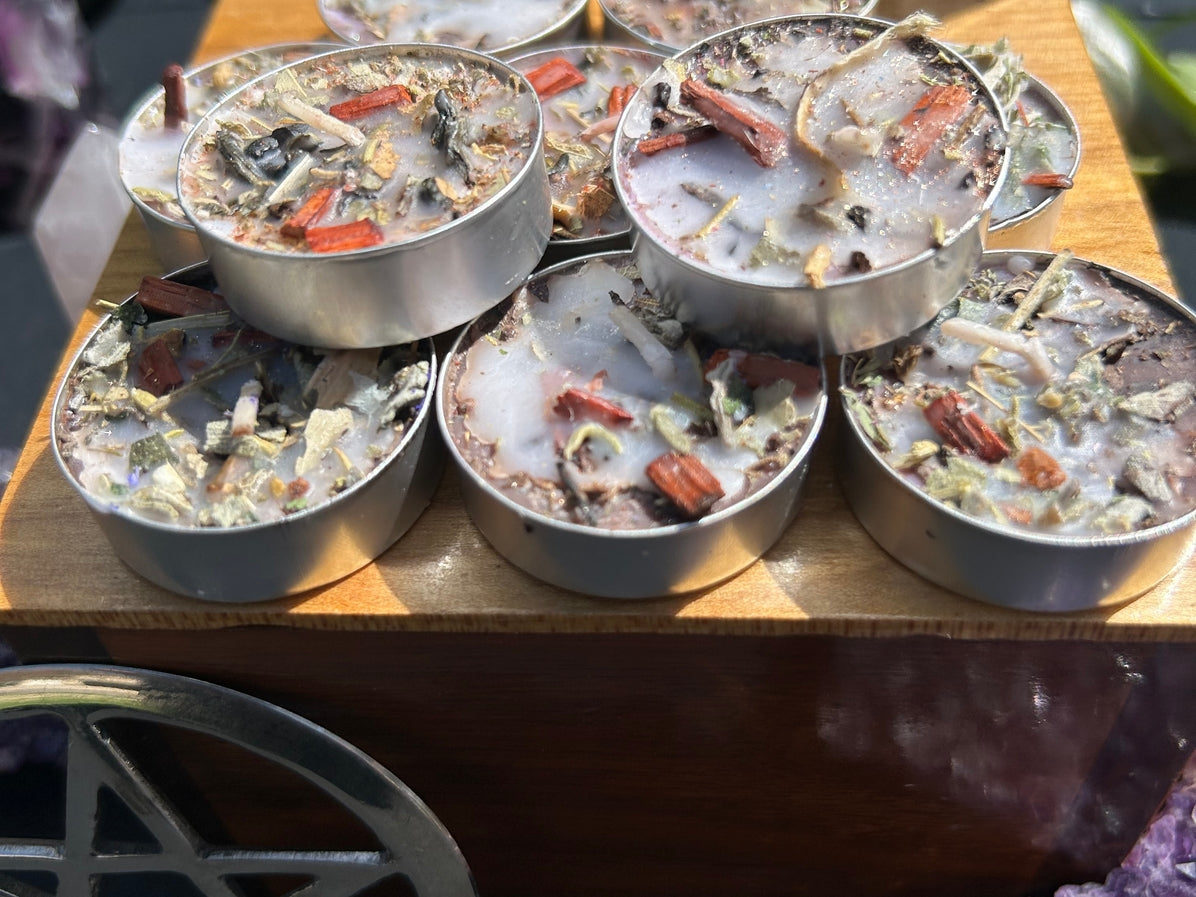 Handmade Intention Tealight Candles with Herbs, Crystals, Flowers & Anointing Oil – Ritual Healing & Manifestation Magic