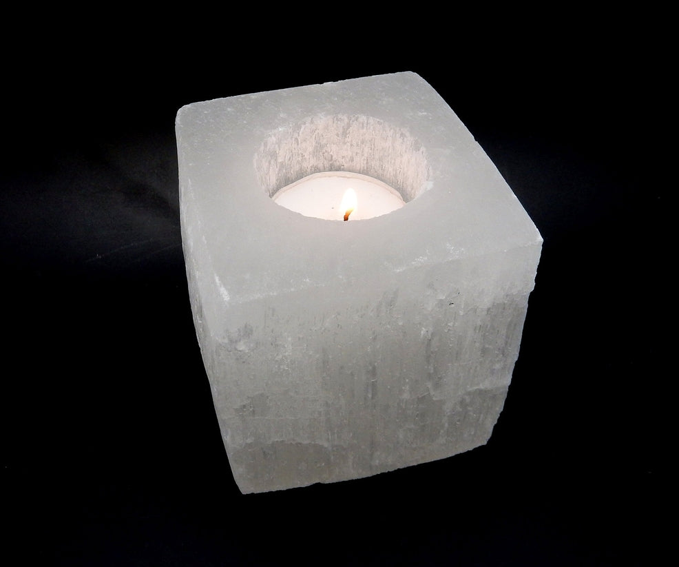 Square Shaped Selenite Crystal Candle Holder - Enhance Mental Clarity & Spiritual Development