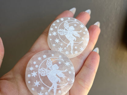 Hand-Etched Selenite Fairy Crystal Circle Carving - Gypsum Selenite from Morocco