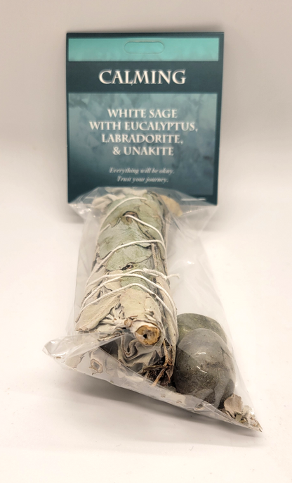 Calming Sage and Gemstone Set | White Sage, Eucalyptus, Labradorite, & Unakite