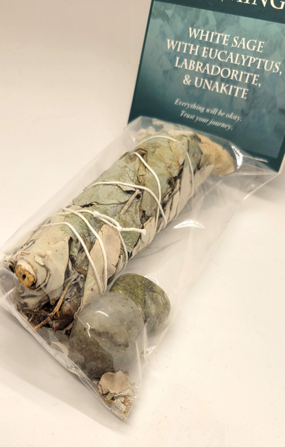 Calming Sage and Gemstone Set | White Sage, Eucalyptus, Labradorite, & Unakite