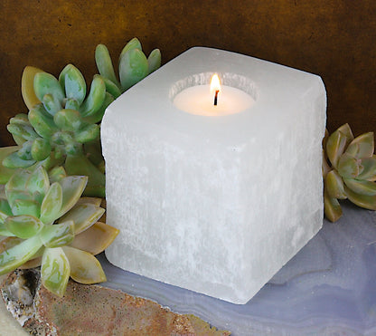 Square Shaped Selenite Crystal Candle Holder - Enhance Mental Clarity & Spiritual Development