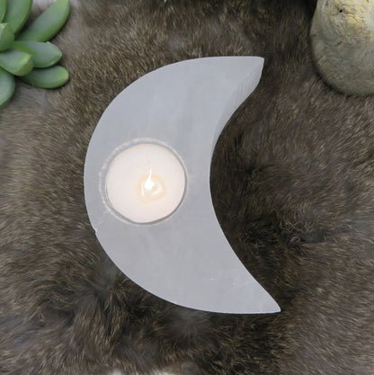 Selenite Moon Shaped Crystal Candle Holder - Natural Decorative Stone with Unique Variations