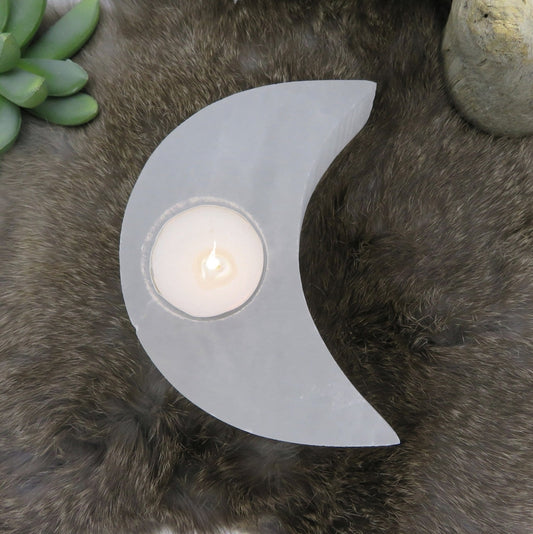 Selenite Moon Shaped Crystal Candle Holder - Natural Decorative Stone with Unique Variations