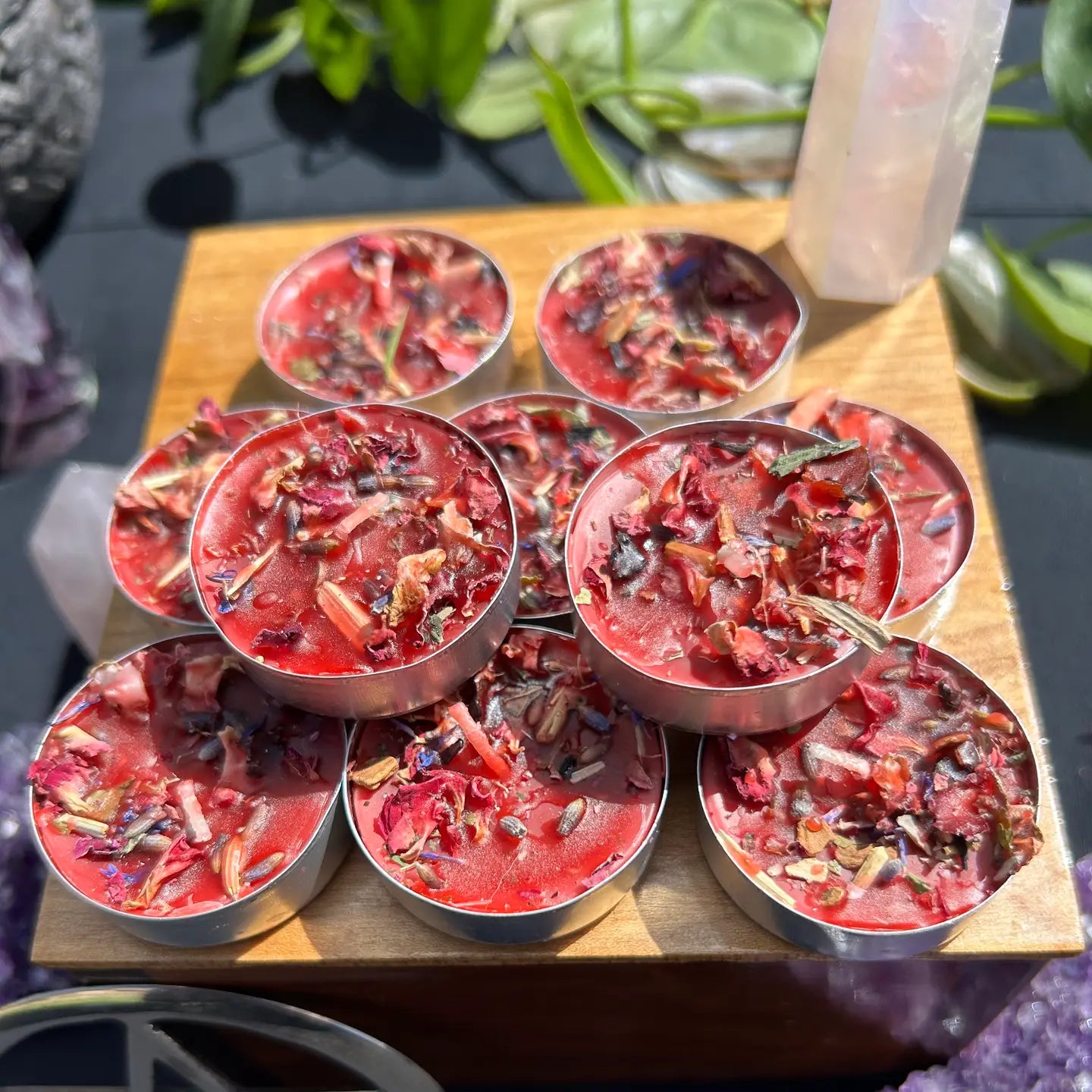 Handmade Intention Tealight Candles with Herbs, Crystals, Flowers & Anointing Oil – Ritual Healing & Manifestation Magic