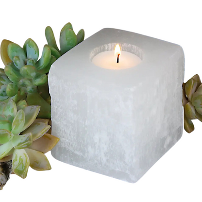 Square Shaped Selenite Crystal Candle Holder - Enhance Mental Clarity & Spiritual Development