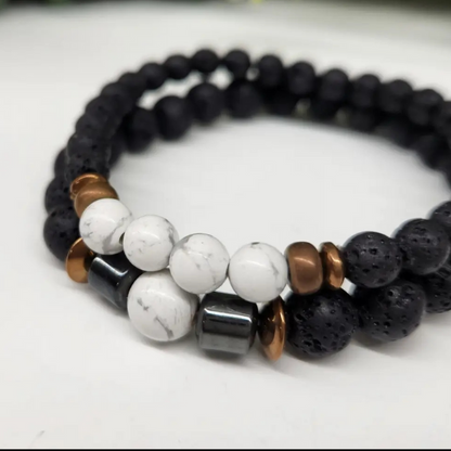 White Howlite & Black Lava Stone Bracelet Set - 6mm & 8mm Gemstone Beads, Aromatherapy Diffuser