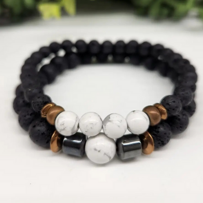 White Howlite & Black Lava Stone Bracelet Set - 6mm & 8mm Gemstone Beads, Aromatherapy Diffuser