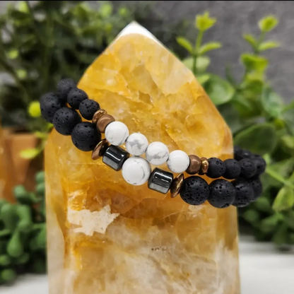 White Howlite & Black Lava Stone Bracelet Set - 6mm & 8mm Gemstone Beads, Aromatherapy Diffuser