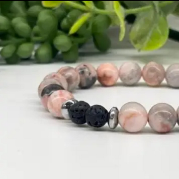 Pink Zebra Jasper & Black Lava Stone Bracelet - 8mm Natural Gemstone Beads, Aromatherapy Diffuser