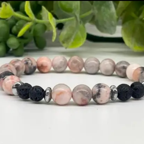 Pink Zebra Jasper & Black Lava Stone Bracelet - 8mm Natural Gemstone Beads, Aromatherapy Diffuser