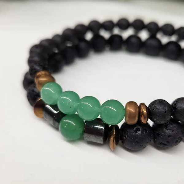 Green Aventurine & Black Lava Stone Bracelet Set - 6mm & 8mm Gemstone Beads, Aromatherapy Diffuser