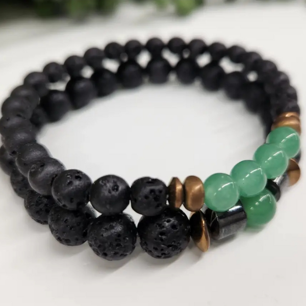 Green Aventurine & Black Lava Stone Bracelet Set - 6mm & 8mm Gemstone Beads, Aromatherapy Diffuser