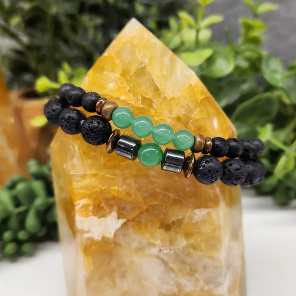 Green Aventurine & Black Lava Stone Bracelet Set - 6mm & 8mm Gemstone Beads, Aromatherapy Diffuser