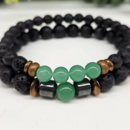 Green Aventurine & Black Lava Stone Bracelet Set - 6mm & 8mm Gemstone Beads, Aromatherapy Diffuser