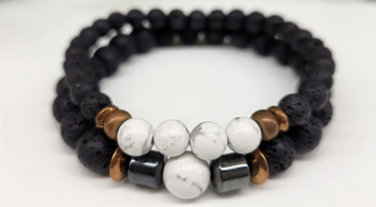 White Howlite & Black Lava Stone Bracelet Set - 6mm & 8mm Gemstone Beads, Aromatherapy Diffuser