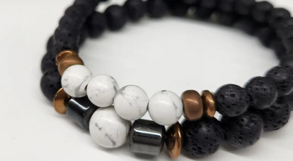 White Howlite & Black Lava Stone Bracelet Set - 6mm & 8mm Gemstone Beads, Aromatherapy Diffuser