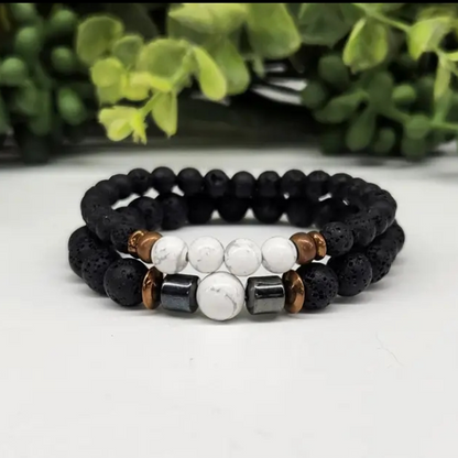 White Howlite & Black Lava Stone Bracelet Set - 6mm & 8mm Gemstone Beads, Aromatherapy Diffuser