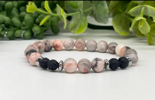 Pink Zebra Jasper & Black Lava Stone Bracelet - 8mm Natural Gemstone Beads, Aromatherapy Diffuser