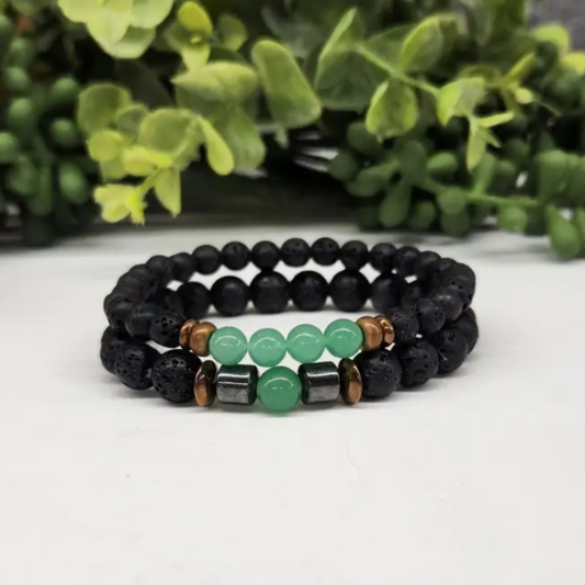 Green Aventurine & Black Lava Stone Bracelet Set - 6mm & 8mm Gemstone Beads, Aromatherapy Diffuser