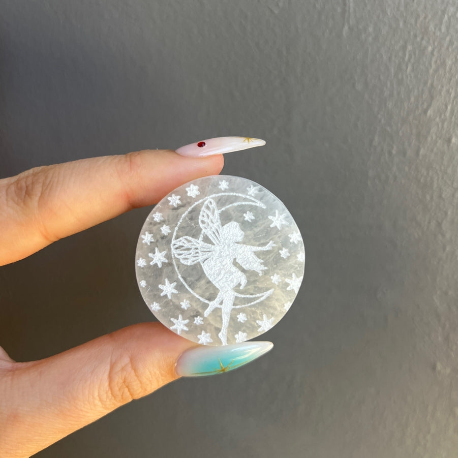 Hand-Etched Selenite Fairy Crystal Circle Carving - Gypsum Selenite from Morocco