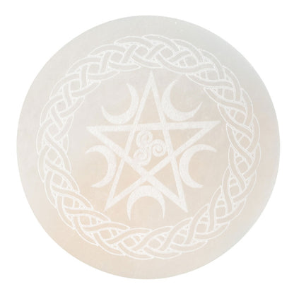 Selenite Charging Plate with a Pentacle & Moons