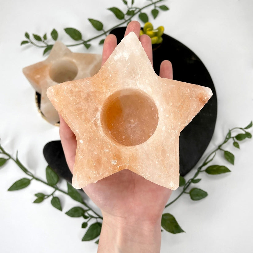 Himalayan Salt Orange Star Candle Holder - Hand Carved Energy Booster & Air Purifier